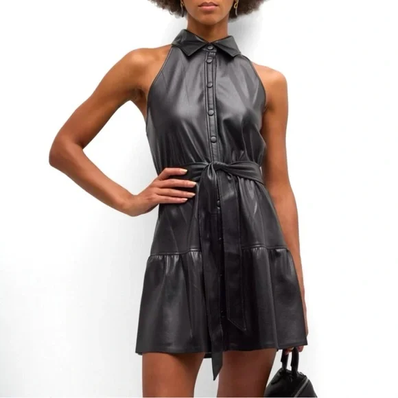 Alice + Olivia Miranda Vegan Leather Tiered Button Down Sleeveless Mini Dress - Picture 7 of 16